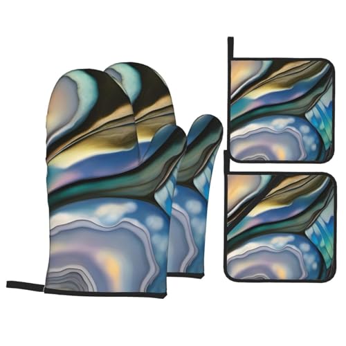 BROLEO Abalone Küchen-Backset mit Perlmutt-Motiv, isolierter Ofenhandschuh und Topflappen, Verbrühungsschutz und Wärmeisolierung, 4-teilig von BROLEO