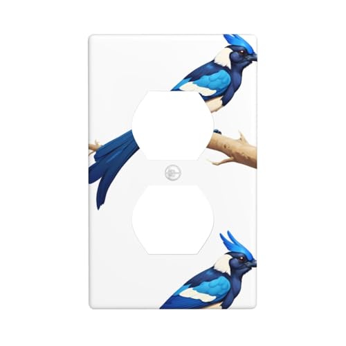 BROLEO Blaue Elster auf einem Ast, bedruckt, Doppelsteckdose, Wandpaneel, dekorativ für Wohn- und Gewerbebereiche, 11,4 x 7 cm von BROLEO