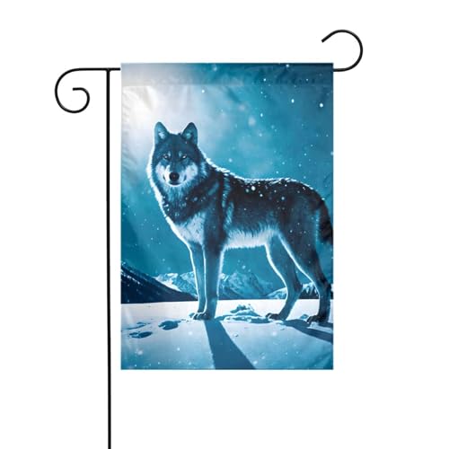 BROLEO Gartenflaggenmast mit Wolf auf verschneiten Bergen, Dekoration, modisch, 30,5 x 45,7 cm von BROLEO