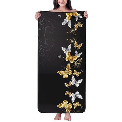 BROLEO Handtuch aus Samt mit goldweißen Schmetterlingen, schwarzes Muster, 68,6 x 140 cm: hautfreundlich und bequem, gute Wasseraufnahme, exquisit von BROLEO