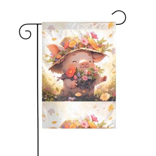 BROLEO Kleines Schwein pflückt Blumen Druck Garten Fahnenmast Outdoor Hofdekoration doppelseitig 30,5 x 45,7 cm von BROLEO