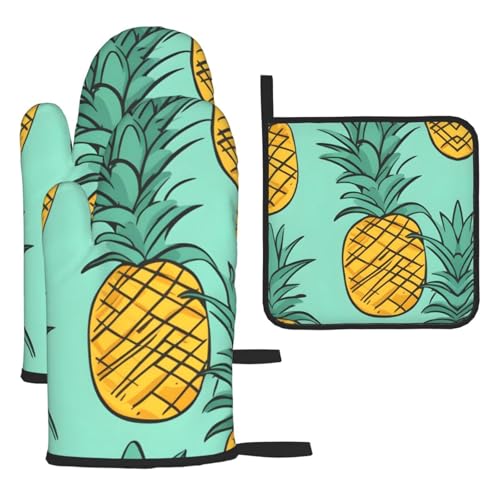 BROLEO Küchen-Backsets von 3 – wasserdichte Ofenhandschuhe und Topflappen aus Stoff mit Seil zum Aufhängen, Cartoon-Ananas-Bild von BROLEO