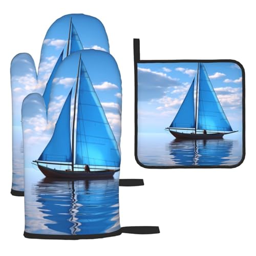BROLEO Küchen-Backsets von 3 – wasserdichte Ofenhandschuhe und Topflappen aus Stoff mit Seil zum Aufhängen, blaues Segelbootbild BROLEO Küchen-Backsets von 3 – wasserdichte Ofenhandschuhe und Topflappen aus Stoff mit Seil zum Aufhängen, blaues Segelbootbild von BROLEO