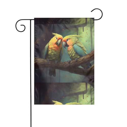 BROLEO Liebevolle Papageien auf einem Ast Druck Gartenflaggenmast Outdoor Hofdekoration doppelseitig 30,5 x 45,7 cm von BROLEO