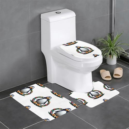 BROLEO Pinguin-Kranz-Druck, dreiteiliges Set von Badezimmer-Fußmatten, Badezimmer-Duschmatten, rutschfest, schnell trocknend BROLEO Pinguin-Kranz-Druck, dreiteiliges Set von Badezimmer-Fußmatten, Badezimmer-Duschmatten, rutschfest, schnell trocknend von BROLEO