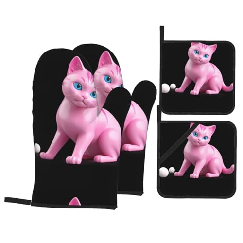 BROLEO Pinkes Keramik-Katzen-Druck-Küchen-Backset, Ofenhandschuhe, verdickter und isolierter vierteiliger Anzug BROLEO Pinkes Keramik-Katzen-Druck-Küchen-Backset, Ofenhandschuhe, verdickter und isolierter vierteiliger Anzug von BROLEO