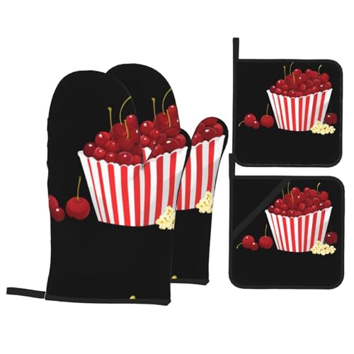 BROLEO Popcorn-Kirschen-Druck-Küchen-Backset, Ofenhandschuhe, verdickter und isolierter vierteiliger Anzug BROLEO Popcorn-Kirschen-Druck-Küchen-Backset, Ofenhandschuhe, verdickter und isolierter vierteiliger Anzug von BROLEO