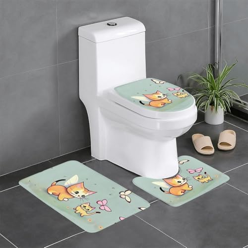 BROLEO Rutschfeste Bodenmatte mit Kätzchen-Schmetterlings-Aufdruck, dreiteiliges Set, Badezimmerteppich, rutschfest, langlebig BROLEO Rutschfeste Bodenmatte mit Kätzchen-Schmetterlings-Aufdruck, dreiteiliges Set, Badezimmerteppich, rutschfest, langlebig von BROLEO