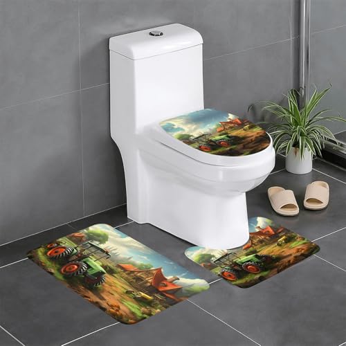 BROLEO Rutschfeste Bodenmatte mit Traktor-Motiv, dreiteiliges Set, Badezimmerteppich, rutschfest, langlebig von BROLEO
