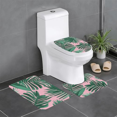 BROLEO Rutschfeste Bodenmatte mit grünen Palmenblättern, rosa Druck, dreiteiliges Set, Badezimmerteppich, rutschfest, langlebig von BROLEO