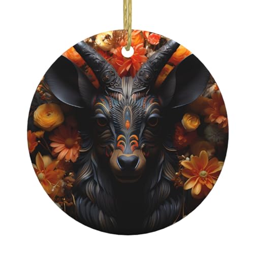 BROLEO Schwarze Antilope mit Blumen, Weihnachtsdekoration, Keramik, rund, Dekoration – Hängeornament für Geschäfte und Häuser – 7,4 cm von BROLEO