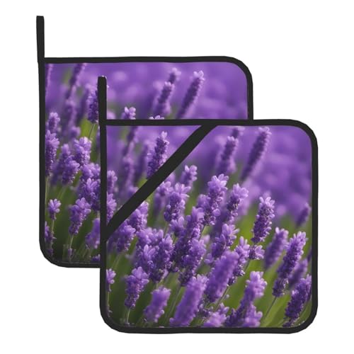 BROLEO Topflappen, 2er-Set, 20,3 x 20,3 cm, hitzebeständiges und langlebiges Küchenzubehör mit wasserdichtem Stoff, lila Lavendel, Garten-Drucke von BROLEO