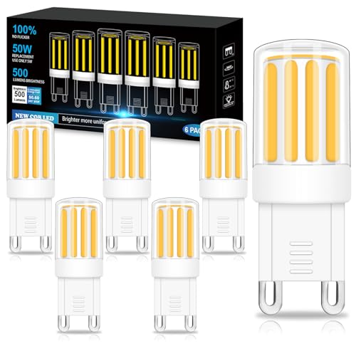 BROLSKUN G9 LED Warmweiß 2700K G9 leuchtmittel 60W 50W Halogenlampe Ersatz 220V 500LM Enegiesparende 360° Stiftsockellampe G9 Keramik Sockel Nicht Dimmbar Kein Flackern für Kronleuchter, 6er Set von BROLSKUN