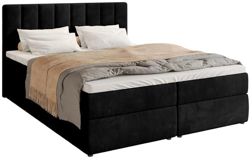 BROMARKT Boxspringbett mit Bettkasten Polsterbett mit Bonell-Matratze und Topper Doppelbett mit Stauraum Bett für Schlafzimmer gepolstertes Kopfteil Denver 160x200 Härtegrad H3 Samtstoff Schwarz von BROMARKT