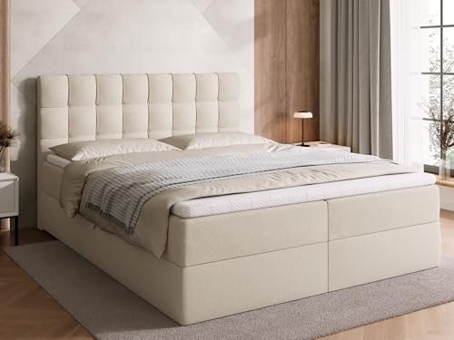 BROMARKT Boxspringbett mit Bettkasten Polsterbett mit Bonell-Matratze und Topper Doppelbett mit Stauraum Bett für Schlafzimmer gepolstertes Kopfteil Detroit 160x200 Härtegrad H3 Samtstoff Beige von BROMARKT