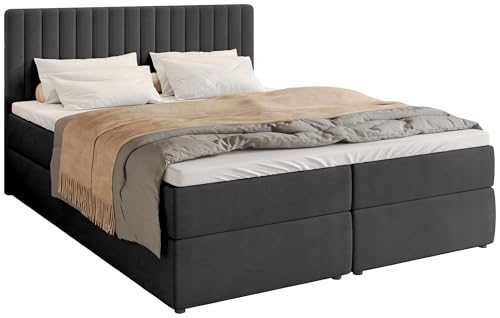 BROMARKT Boxspringbett mit Bettkasten Polsterbett mit Bonell-Matratze und Topper Doppelbett mit Stauraum Bett für Schlafzimmer gepolstertes Kopfteil Dream 140x200 Härtegrad H3 Samtstoff Dunkelgrau von BROMARKT