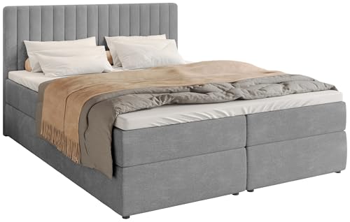 BROMARKT Boxspringbett mit Bettkasten Polsterbett mit Bonell-Matratze und Topper Doppelbett mit Stauraum Bett für Schlafzimmer gepolstertes Kopfteil Dream 160x200 Härtegrad H3 Flachgewebe Hellgrau von BROMARKT