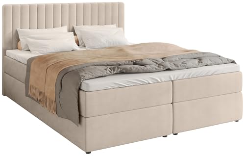 BROMARKT Boxspringbett mit Bettkasten Polsterbett mit Bonell-Matratze und Topper Doppelbett mit Stauraum Bett für Schlafzimmer gepolstertes Kopfteil Dream 180x200 Härtegrad H3 Samtstoff Beige von BROMARKT