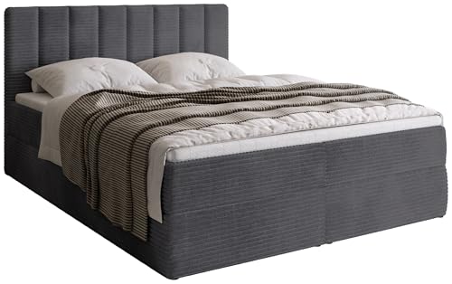 BROMARKT Boxspringbett mit Bonell Matratze Härtegrad H3 160x200cm Polsterbett mit Bettkasten Doppelbett mit Topper gepolsterte Kopfstütze Cordstoff Bett Denver Grau von BROMARKT