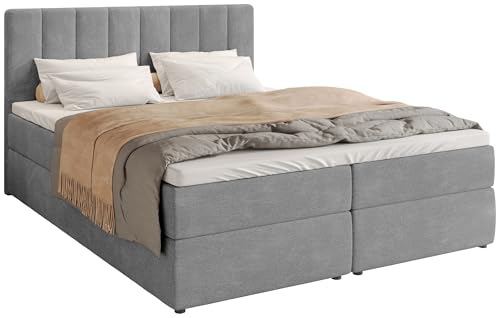 BROMARKT Boxspringbett mit Bettkasten Polsterbett mit Bonell-Matratze und Topper Doppelbett mit Stauraum Bett für Schlafzimmer gepolstertes Kopfteil Denver 180x200 Härtegrad H3 Flachgewebe Hellgrau von BROMARKT