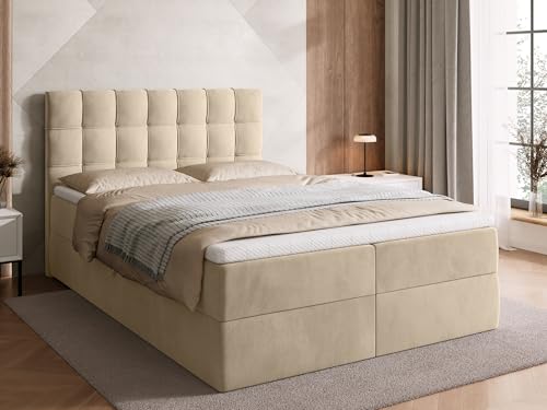 BROMARKT Boxspringbett mit Bettkasten Polsterbett mit Bonell-Matratze und Topper Doppelbett mit Stauraum Bett für Schlafzimmer gepolstertes Kopfteil Detroit 140x200 Härtegrad H3 Samtstoff Beige von BROMARKT