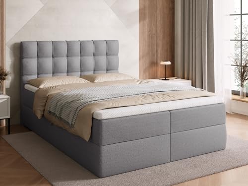 BROMARKT Boxspringbett Detroit 140x200 cm - Doppelbett mit Bonell Matratze - Modern Boxspringbett - Polsterbett mit Bettkasten und Gepolsterte Kopfstütze Grau von BROMARKT