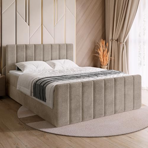 BROMARKT Boxspringbett mit Matratze Bett 140x200 Beige Doppelbett mit Topper Boxbett mit Stauraum Polsterbett mit Bettkasten Kopfteil Denver Duo Härtegrad H3 Cordstoff von BROMARKT