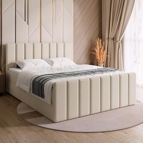 BROMARKT Boxspringbett mit Matratze Bett 140x200 Beige Doppelbett mit Topper Boxbett mit Stauraum Polsterbett mit Bettkasten Kopfteil Denver Duo Härtegrad H3 von BROMARKT