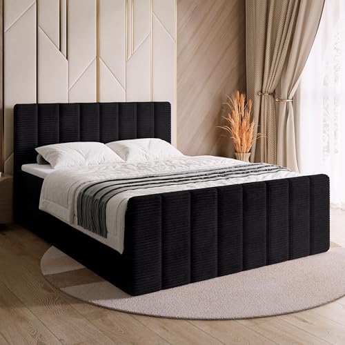 BROMARKT Boxspringbett mit Matratze Bett 140x200 Schwarz Doppelbett mit Topper Boxbett mit Stauraum Polsterbett mit Bettkasten Kopfteil Denver Duo Härtegrad H3 Cordstoff von BROMARKT