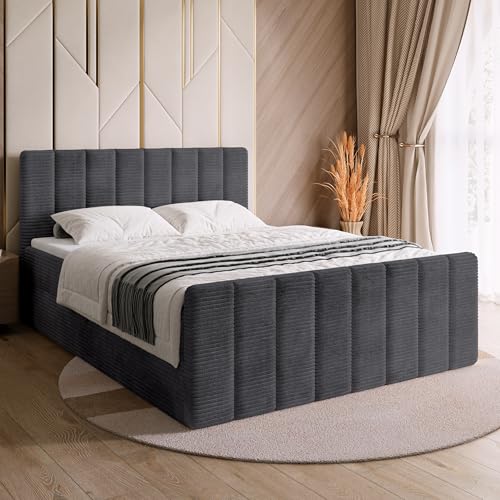 BROMARKT Boxspringbett mit Matratze Bett 160x200 Grau Doppelbett mit Topper Boxbett mit Stauraum Polsterbett mit Bettkasten Kopfteil Denver Duo Härtegrad H3 Cordstoff von BROMARKT