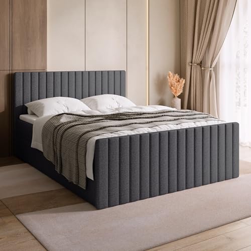 BROMARKT Boxspringbett mit Matratze Bett 160x200 Grau Doppelbett mit Topper Boxbett mit Stauraum Polsterbett mit Bettkasten Kopfteil Dream Duo Härtegrad H3 von BROMARKT
