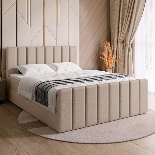 BROMARKT Boxspringbett mit Matratze Bett 160x200 Hellbeige Doppelbett mit Topper Boxbett mit Stauraum Polsterbett mit Bettkasten Kopfteil Denver Duo Härtegrad H3 von BROMARKT