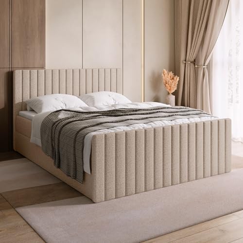 BROMARKT Boxspringbett mit Matratze Bett 160x200 Hellbeige Doppelbett mit Topper Boxbett mit Stauraum Polsterbett mit Bettkasten Kopfteil Dream Duo Härtegrad H3 von BROMARKT