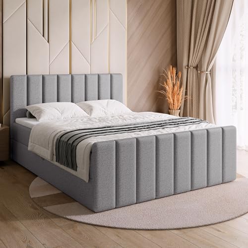 BROMARKT Boxspringbett mit Matratze Bett 160x200 Hellgrau Doppelbett mit Topper Boxbett mit Stauraum Polsterbett mit Bettkasten Kopfteil Denver Duo Härtegrad H3 von BROMARKT