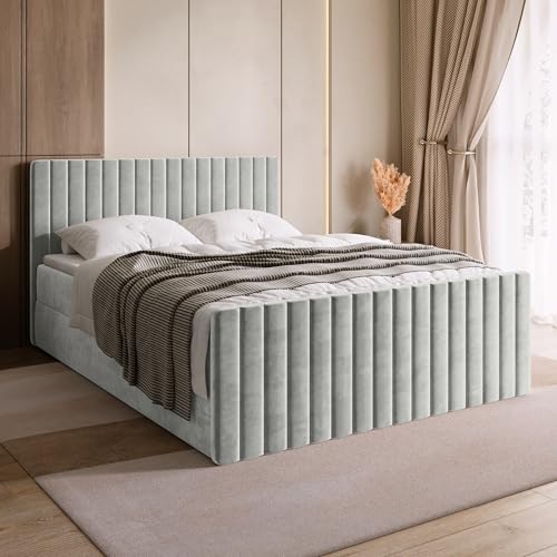 BROMARKT Boxspringbett mit Matratze Bett 160x200 Hellgrau Doppelbett mit Topper Boxbett mit Stauraum Polsterbett mit Bettkasten Kopfteil Dream Duo Härtegrad H3 von BROMARKT