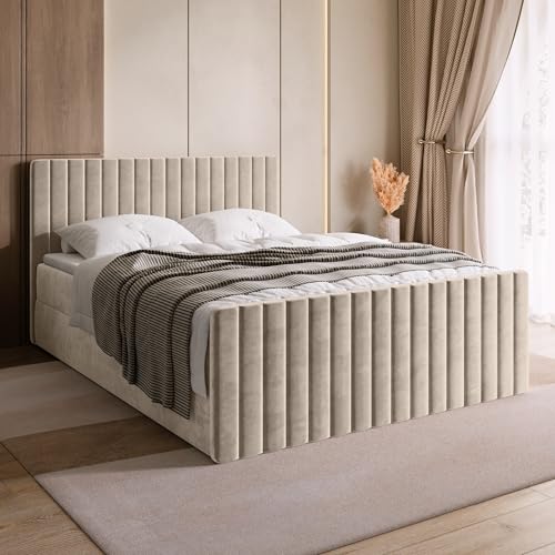 BROMARKT Boxspringbett mit Matratze Bett 180x200 Beige Doppelbett mit Topper Boxbett mit Stauraum Polsterbett mit Bettkasten Kopfteil Dream Duo Härtegrad H3 von BROMARKT