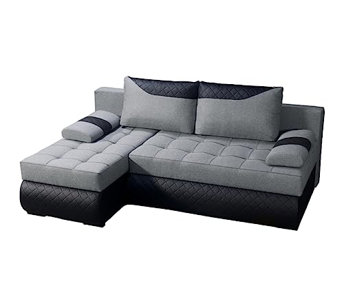 BROMARKT Ecksofa KASTELL L-Form Schlafsofa Wohnlandschaft Links/Rechts Couch, Bettkasten,Schlaffunktion,viele Farbvarianten (Links, Rino 88 + Madryt Pik 9100 – Grau, h80 x t141 x b200 cm) von BROMARKT