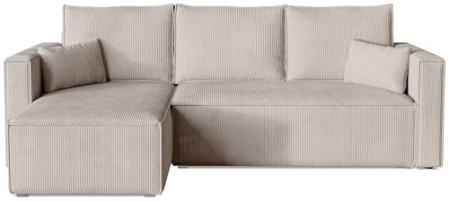 BROMARKT Ecksofa mit Schlaffunktion Sofa Cord Eckcouch mit Bettkasten Wohnzimmer Möbel TOP Couch DREI Sitzer Sofa Foldable Lazy 230x145x74 cm Cremeweiß von BROMARKT