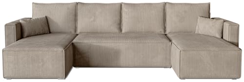 BROMARKT Ecksofa mit Schlaffunktion Sofa Cord Eckcouch mit Bettkasten Wohnzimmer Möbel U Form Couch gästebett Sofa Kissen groß 305x145x74 cm Cappuccino von BROMARKT