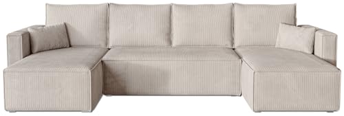 BROMARKT Ecksofa mit Schlaffunktion Sofa Cord Eckcouch mit Bettkasten Wohnzimmer Möbel U Form Couch gästebett Sofa Kissen groß 305x145x74 cm Cremeweiß von BROMARKT