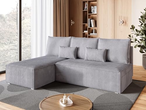 BROMARKT Ecksofa mit Schlaffunktion Sofa l Form Couch mit Bettkasten Wohnzimmer Möbel Cord Schlafsofa Wohnlandschaft Sofa 3 sitzer TOP 200x85x145 cm Hellgrau von BROMARKT