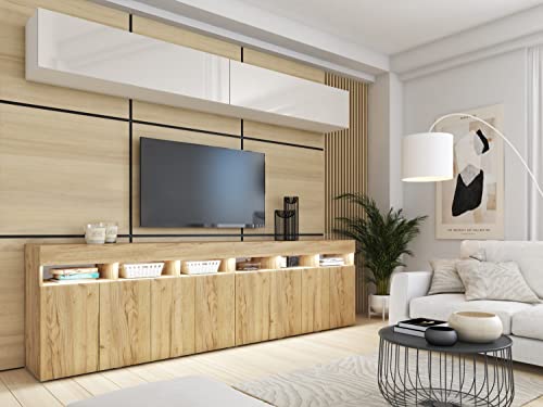 BROMARKT Premium Wohnwand Wohnzimmer Set 4 Teile - Wohnzimmer Schrank - Wohnzimmer Möbel mit Kommode - Wohnwand Modern - Wohnzimmerschrank Komplett Möbel - Hochglanz Weiß und Eiche Craft von BROMARKT