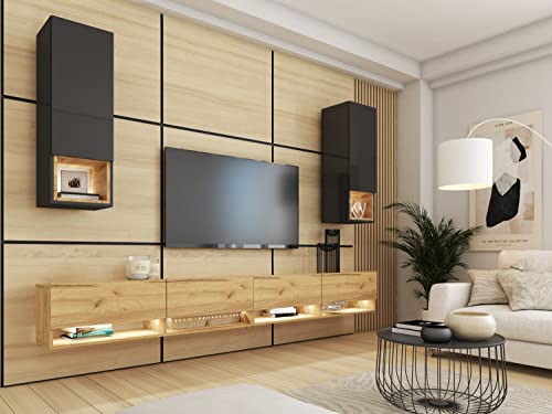 BROMARKT Premium Wohnwand Wohnzimmer Set 4 Teile - Wohnzimmer Schrank - Wohnzimmer Möbel mit Säule mit Regalen - Wohnwand Modern - Wohnzimmerschrank Komplett Möbel - Hochglanz Schwarz und Eiche Craft von BROMARKT