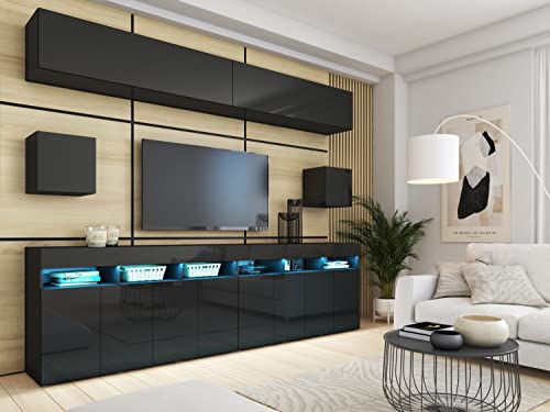 BROMARKT Premium Wohnwand Wohnzimmer Set 6 Teile - Wohnzimmer Schrank - Wohnzimmer Möbel mit Kommode - Wohnwand Modern - Wohnzimmerschrank Komplett Möbel - Hochglanz Schwarz von BROMARKT