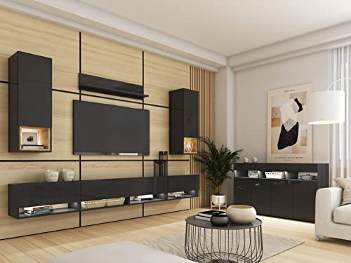 BROMARKT Premium Wohnwand Wohnzimmer Set 6 Teile – Wohnzimmer Schrank - Wohnzimmer Möbel mit Kommode und TV Schrank – Wohnwand Modern - Wohnzimmerschrank Komplett Möbel - Hochglanz Schwarz von BROMARKT