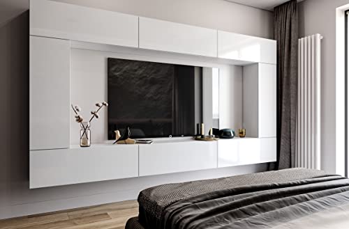 BROMARKT Premium Wohnwand Wohnzimmer Set 8 Teile - Wohnzimmer Schrank - Wohnzimmer Möbel mit Wandschrank - Wohnwand Modern - Wohnzimmerschrank Komplett Möbel - Hochglanz Weiß von BROMARKT