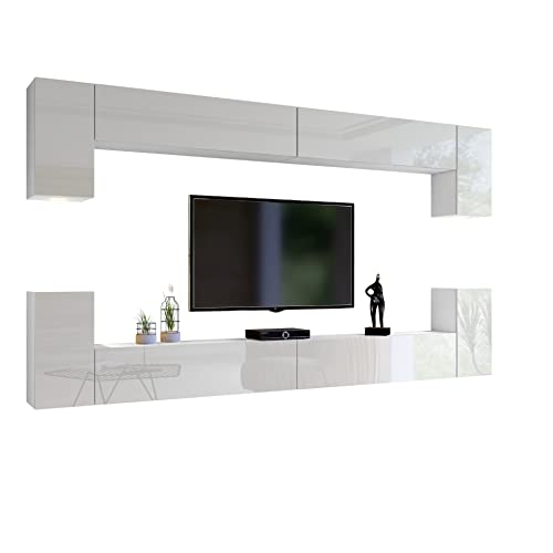 BROMARKT Premium Wohnwand Wohnzimmer Set 8 Teile – Wohnzimmer Schrank - Wohnzimmer Möbel mit Wandschrank – Wohnwand Modern - Wohnzimmerschrank Komplett Möbel - Hochglanz Weiß von BROMARKT