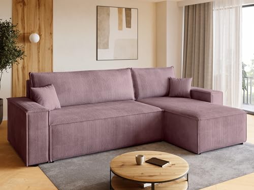 Sofa mit Schlaffunktion Couch L Cordstoff Sofa Bettkasten Schlafsofa für Wohnzimmer Ecksofa freistehend Adi Relaxsofa 3 sitzer 244x143x85 cm Rosa von BROMARKT