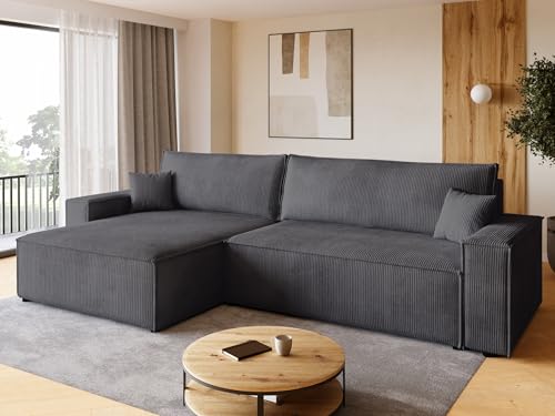 BROMARKT Sofa mit Schlaffunktion Couch L Cordstoff Sofa Bettkasten Schlafsofa für Wohnzimmer Ecksofa freistehend Adi XL Relaxsofa 3 sitzer 272x143x85 cm Grau von BROMARKT