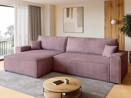 Sofa mit Schlaffunktion Couch L Cordstoff Sofa Bettkasten Schlafsofa für Wohnzimmer Ecksofa freistehend Adi XL Relaxsofa 3 sitzer 272x143x85 cm Rosa von BROMARKT